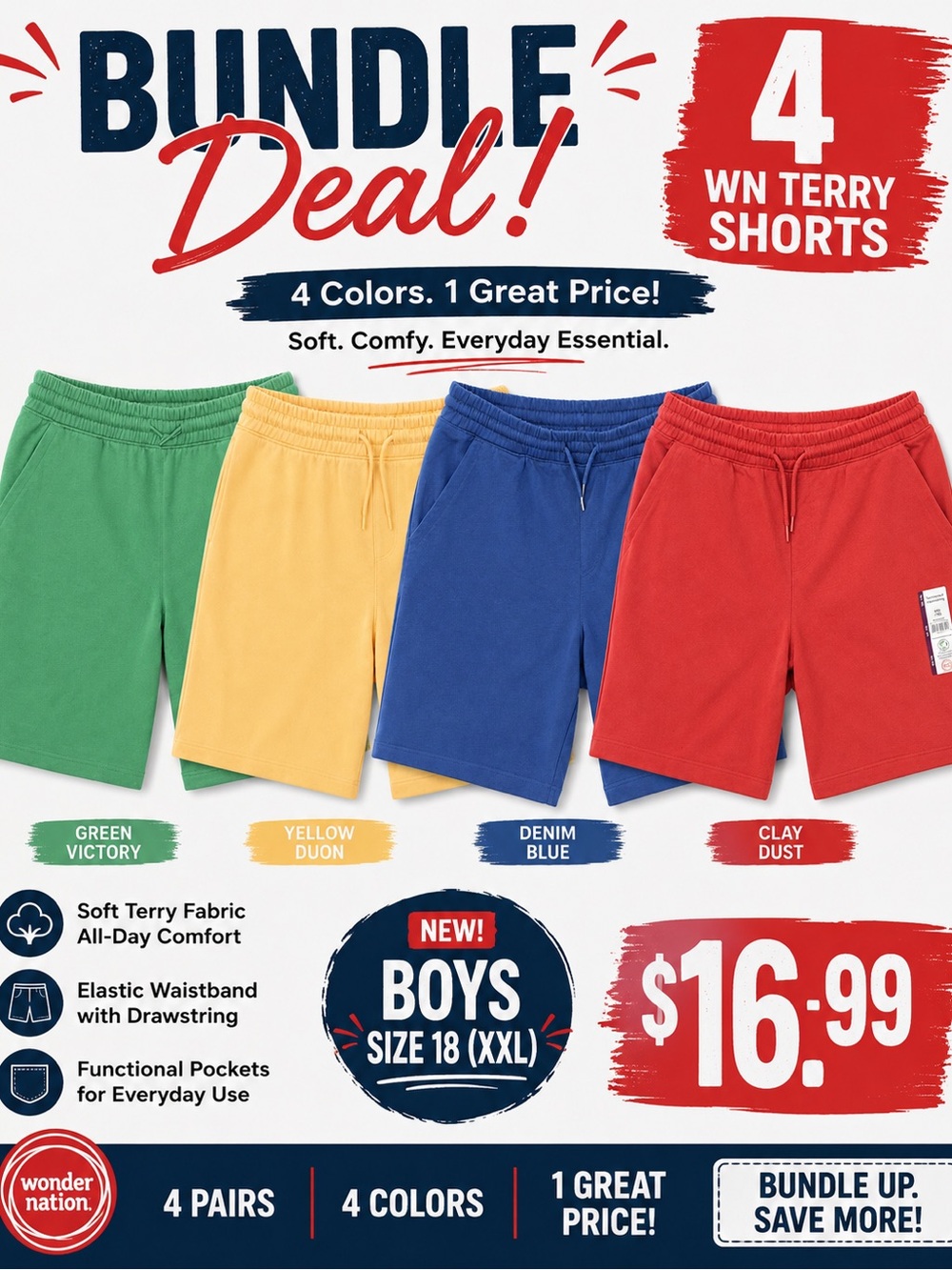 wonder nation Boys Terry Shorts Bundle — Green, Yellow, Blue, Red